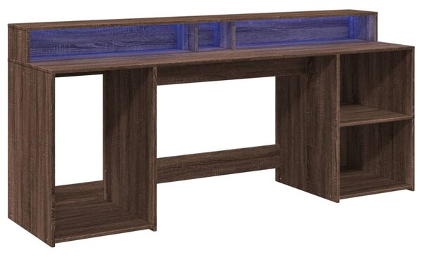 Barna tölgy színű szerelt fa íróasztal LED-ekkel 200x55x91 cm