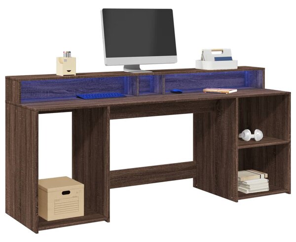 Barna tölgy színű szerelt fa íróasztal LED-ekkel 200x55x91 cm