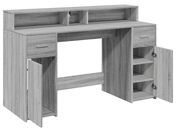 Szürke sonoma színű szerelt fa íróasztal LED-ekkel 140x55x91 cm