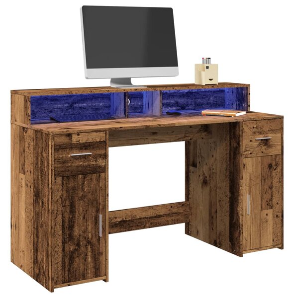 Antik fa színű szerelt fa íróasztal LED-ekkel 140 x 55 x 91 cm
