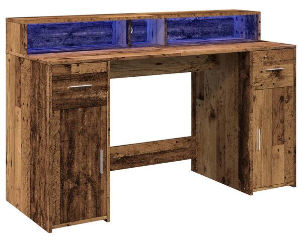 Antik fa színű szerelt fa íróasztal LED-ekkel 140 x 55 x 91 cm