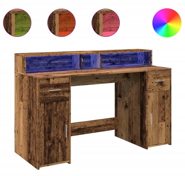 Antik fa színű szerelt fa íróasztal LED-ekkel 140 x 55 x 91 cm