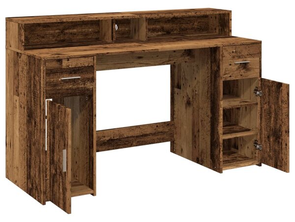 Antik fa színű szerelt fa íróasztal LED-ekkel 140 x 55 x 91 cm