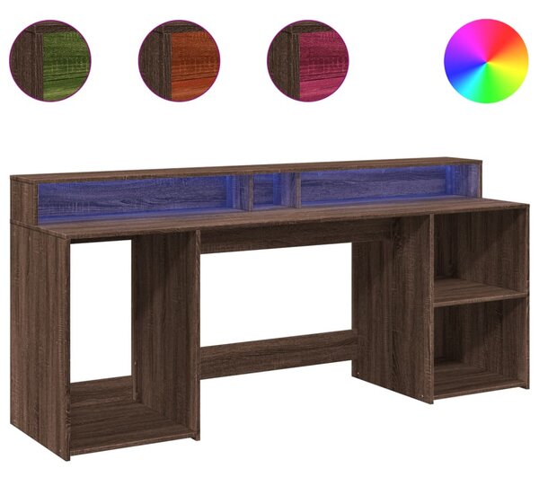 Barna tölgy színű szerelt fa íróasztal LED-ekkel 200x55x91 cm