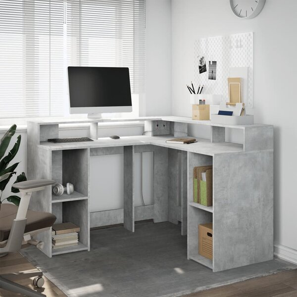 Betonszürke szerelt fa íróasztal LED-világítással 130x130x91 cm