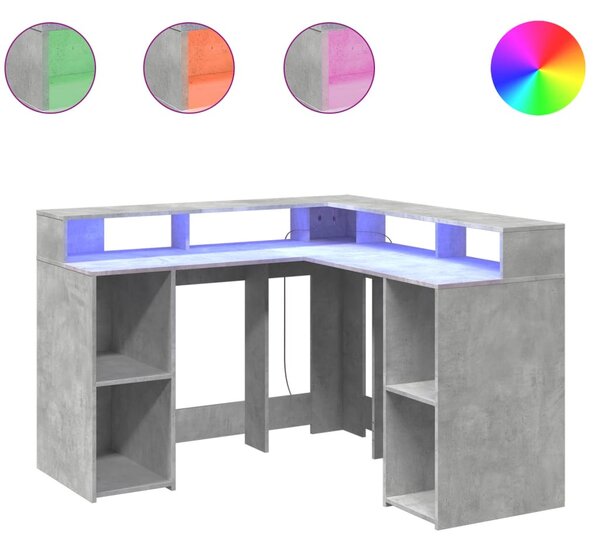 Betonszürke szerelt fa íróasztal LED-világítással 130x130x91 cm