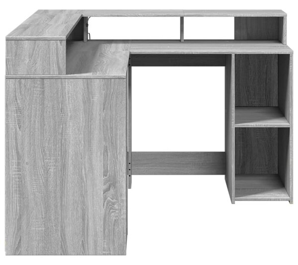 Szürke sonoma színű szerelt fa LED-es íróasztal 130x130x91 cm
