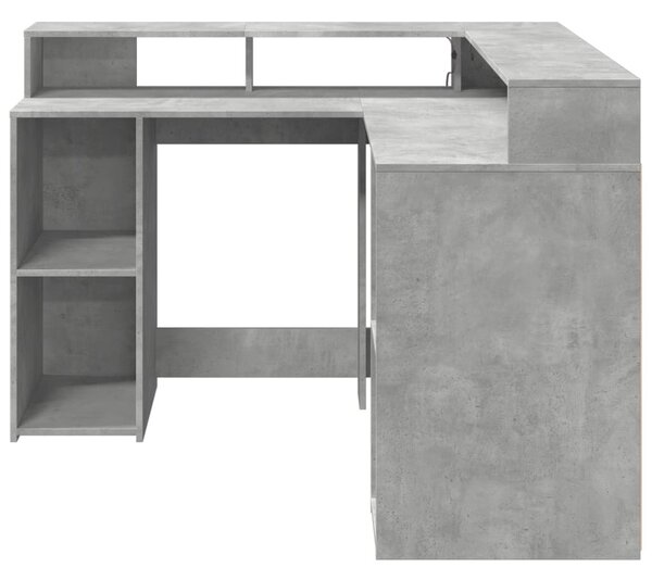 Betonszürke szerelt fa íróasztal LED-világítással 130x130x91 cm