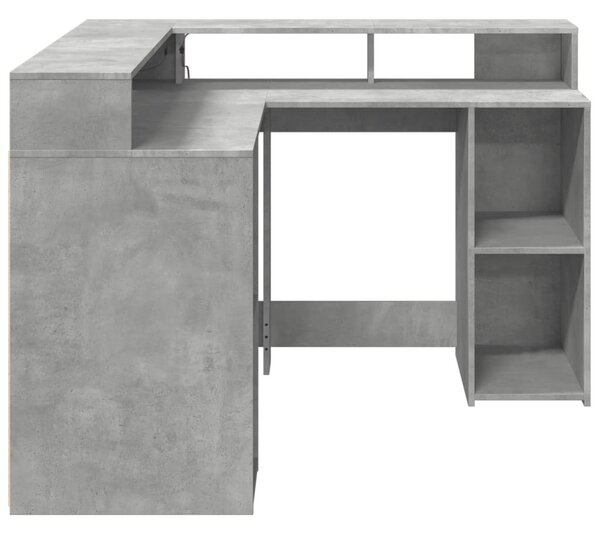 Betonszürke szerelt fa íróasztal LED-világítással 130x130x91 cm