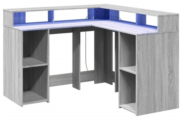 Szürke sonoma színű szerelt fa LED-es íróasztal 130x130x91 cm