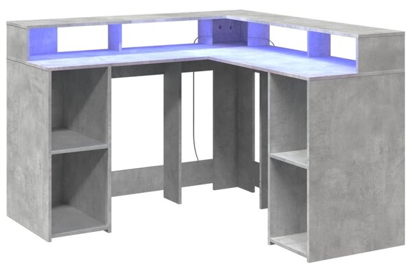 Betonszürke szerelt fa íróasztal LED-világítással 130x130x91 cm