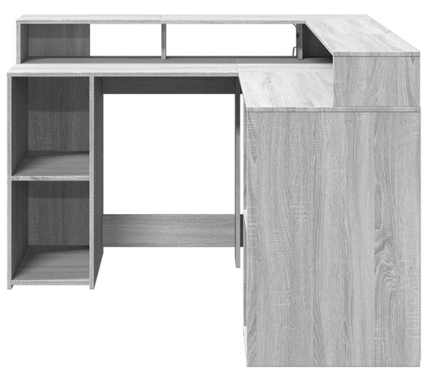 Szürke sonoma színű szerelt fa LED-es íróasztal 130x130x91 cm