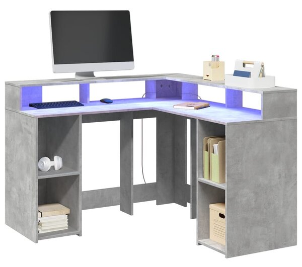 Betonszürke szerelt fa íróasztal LED-világítással 130x130x91 cm