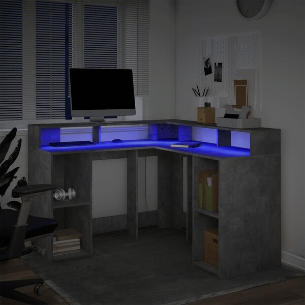 Betonszürke szerelt fa íróasztal LED-világítással 130x130x91 cm