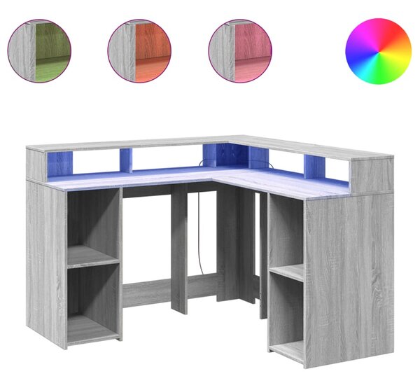 Szürke sonoma színű szerelt fa LED-es íróasztal 130x130x91 cm