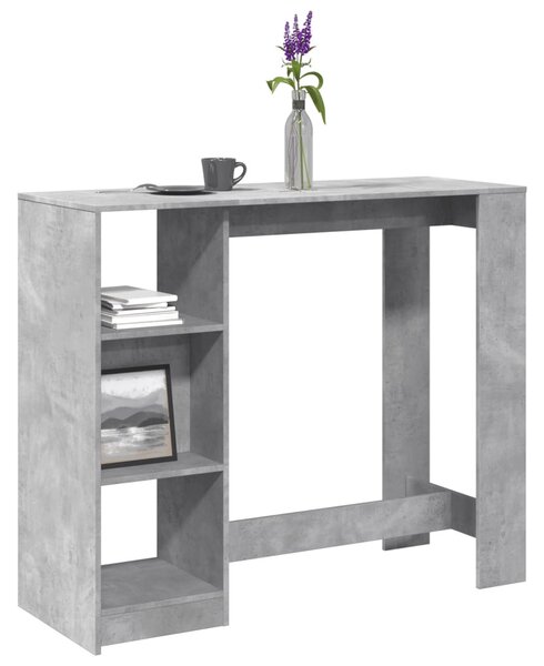 Betonszürke szerelt fa bárasztal polccal 124 x 46 x 103,5 cm