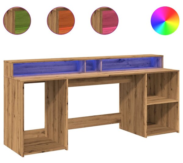 Kézműves tölgy színű szerelt fa LED-es íróasztal 200x55x91 cm