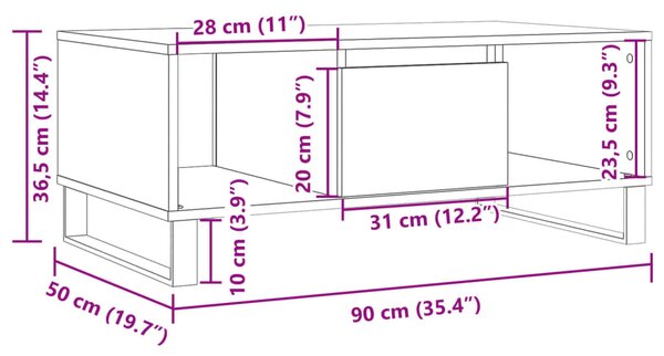 Kézműves tölgy színű szerelt fa dohányzóasztal 90x50x36,5 cm