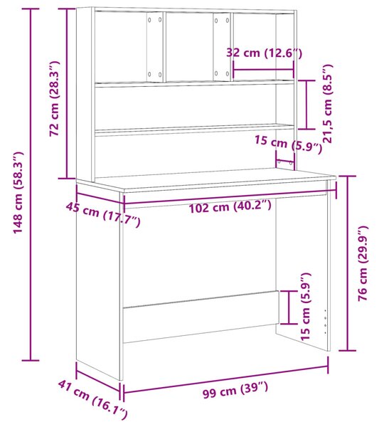 Antik fa színű szerelt fa íróasztal polcokkal 102 x 45 x 148 cm