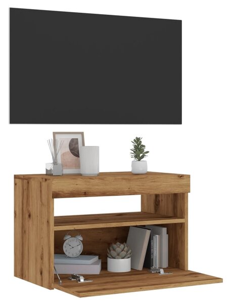 Kézműves tölgy szerelt fa TV-szekrény LED-ekkel 60x35x40 cm
