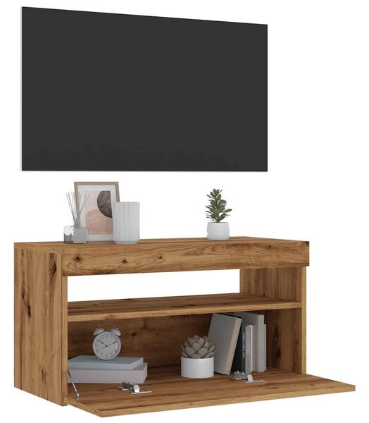 Kézműves tölgy szerelt fa TV-szekrény LED-ekkel 75x35x40 cm