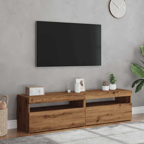 2 db kézműves tölgy színű szerelt fa TV-szekrény LED-lámpákkal