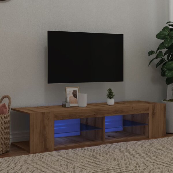 Kézműves tölgy szerelt fa TV-szekrény LED-ekkel 135x39x30 cm