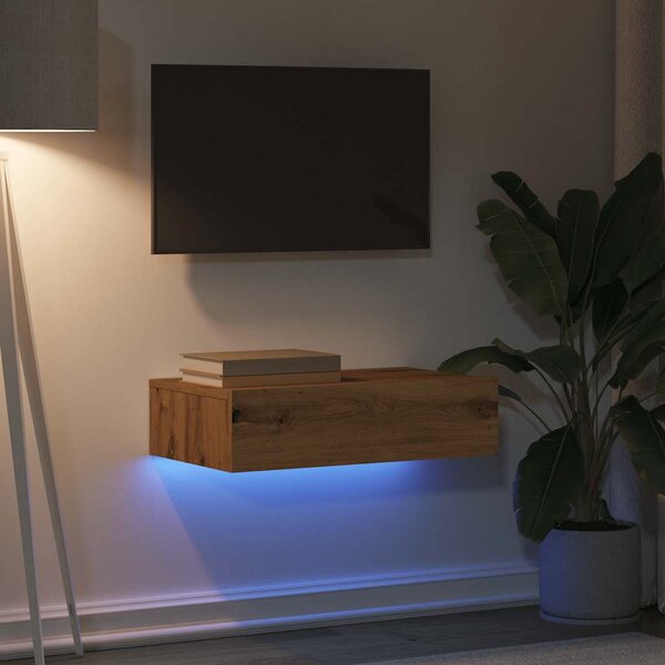 Kézműves tölgy színű TV-szekrény LED-lámpákkal 60x35x15,5 cm