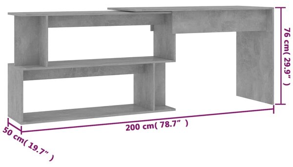Betonszürke szerelt fa sarokasztal 200 x 50 x 76 cm