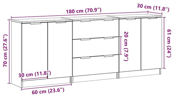 3 db kézműves tölgy színű szerelt fa tálalószekrény 60x30x70 cm