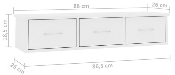 Fehér falra szerelhető szerelt fa fiókos polc 88 x 26 x 18,5 cm
