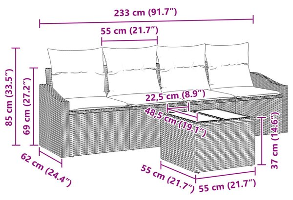 Kanapé Szett párnával 5 pcs Fekete és Türkiz polirattan