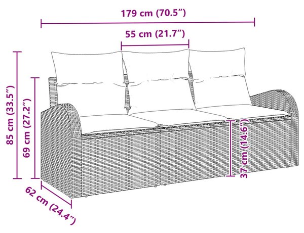 VidaXL Kerti Kanapé Szett tárolóval 3 pcs Barna és piros Poli rattan