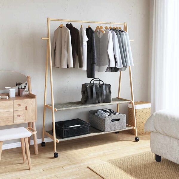 Bambusz ruhaállvány polcokkal és kerekekkel 132x45,5x155,5 cm