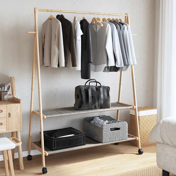 Bambusz ruhaállvány polcokkal és kerekekkel 132x45,5x155,5 cm