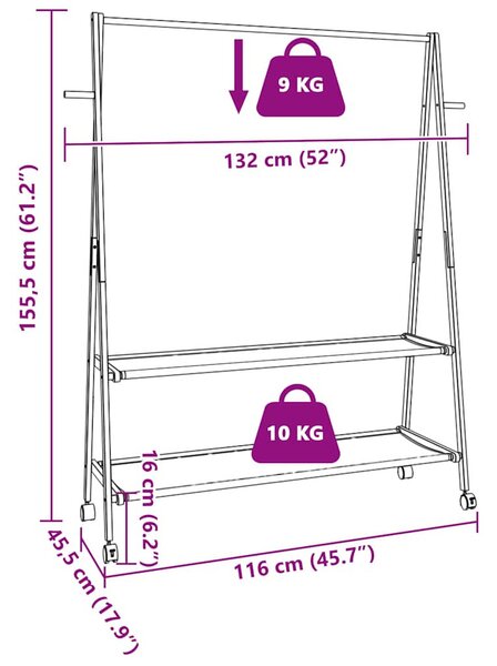 Bambusz ruhaállvány polcokkal és kerekekkel 132x45,5x155,5 cm