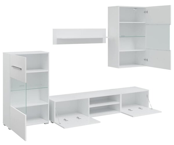 5 részes, fehér fali TV állvány szett LED világítással