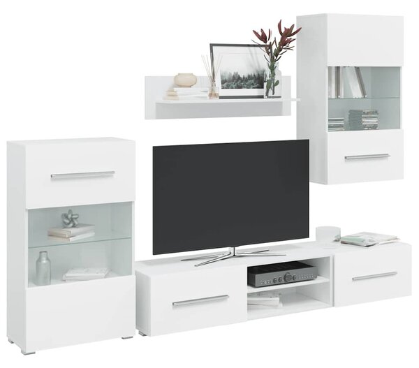 5 részes, fehér fali TV állvány szett LED világítással
