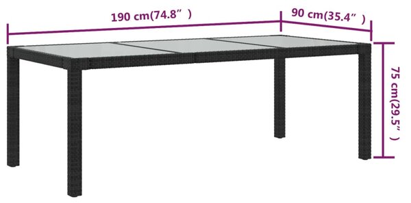 Fekete polyrattan és edzett üveg kerti asztal 190 x 90 x 75 cm