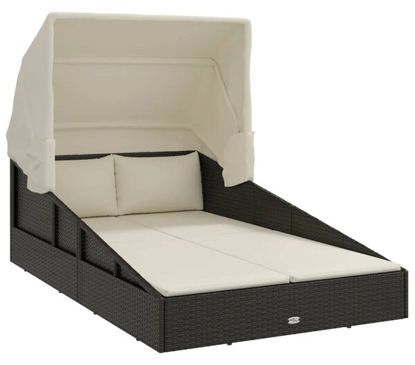 Fekete polyrattan napágy összecsukható tetővel 200x114x128 cm