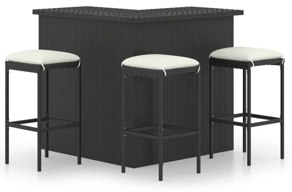 4 részes fekete polyrattan kerti bárszett párnával