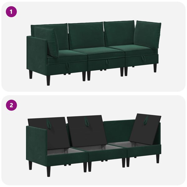 VidaXL Nappali bútor szett párnával tárolóval 3 pcs Sötétzöld Bársony