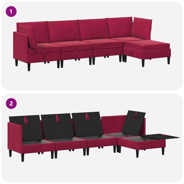 VidaXL Nappali bútor szett párnával tárolóval 5 pcs Bordó Bársony