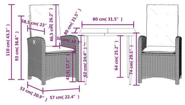 3 részes vegyes bézs polyrattan kerti étkezőgarnitúra párnákkal