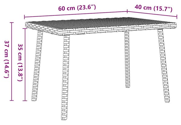 Téglalap szürke polyrattan kerti dohányzóasztal 60x40x37cm