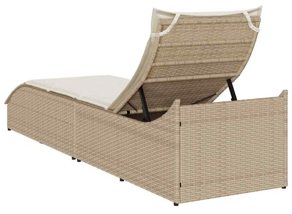 Összecsukható napozóágy párnával és tárolóval bézs polyrattan