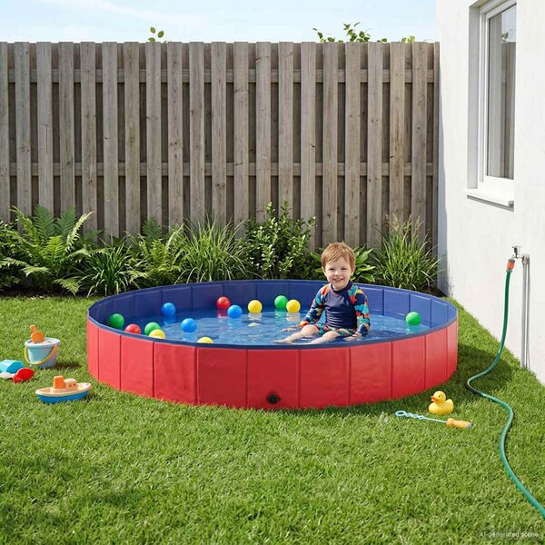 VidaXL Gyerekmedence Piros Ø200 x 30 cm Vastag PVC és mérnöki fa