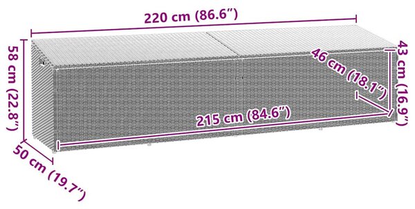 Világosszürke polyrattan kerti tárolóláda 220x50x58 cm