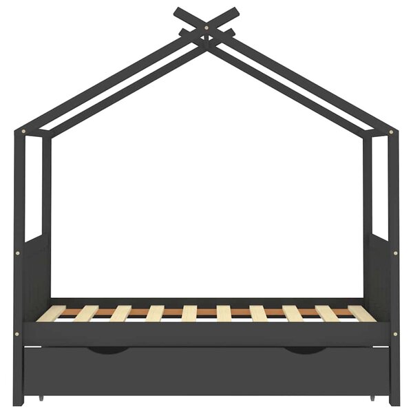 Sötétszürke tömör fenyőfa gyerekágykeret fiókkal 80 x 160 cm