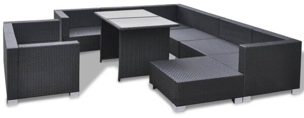 10-részes fekete polyrattan kerti bútorszett párnákkal